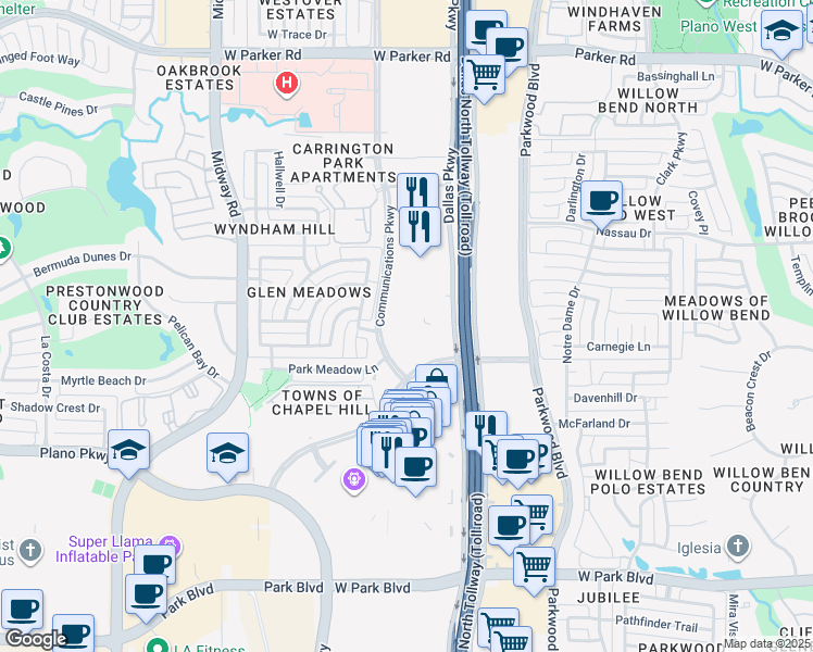 map of restaurants, bars, coffee shops, grocery stores, and more near 2526-2556 Communications Parkway in Plano