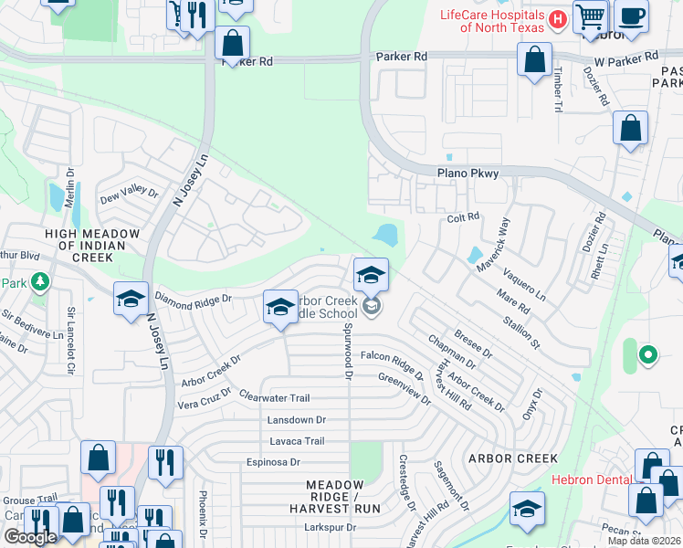 map of restaurants, bars, coffee shops, grocery stores, and more near 4502 Saddlebrook Drive in Carrollton