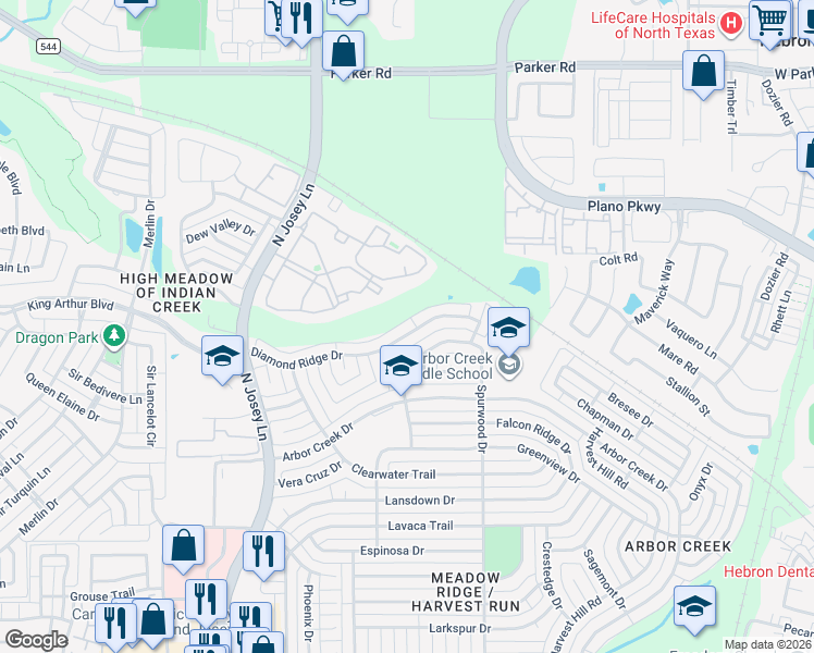 map of restaurants, bars, coffee shops, grocery stores, and more near 2029 Diamond Ridge Drive in Carrollton