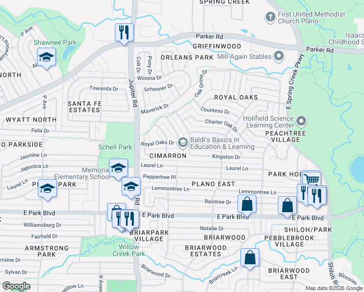 map of restaurants, bars, coffee shops, grocery stores, and more near 2520 Royal Oaks Drive in Plano