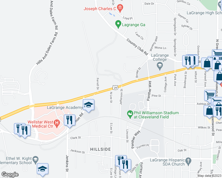 map of restaurants, bars, coffee shops, grocery stores, and more near Vernon Street in LaGrange
