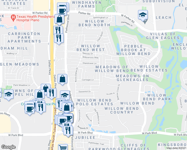 map of restaurants, bars, coffee shops, grocery stores, and more near 2615 Commonwealth Court in Plano