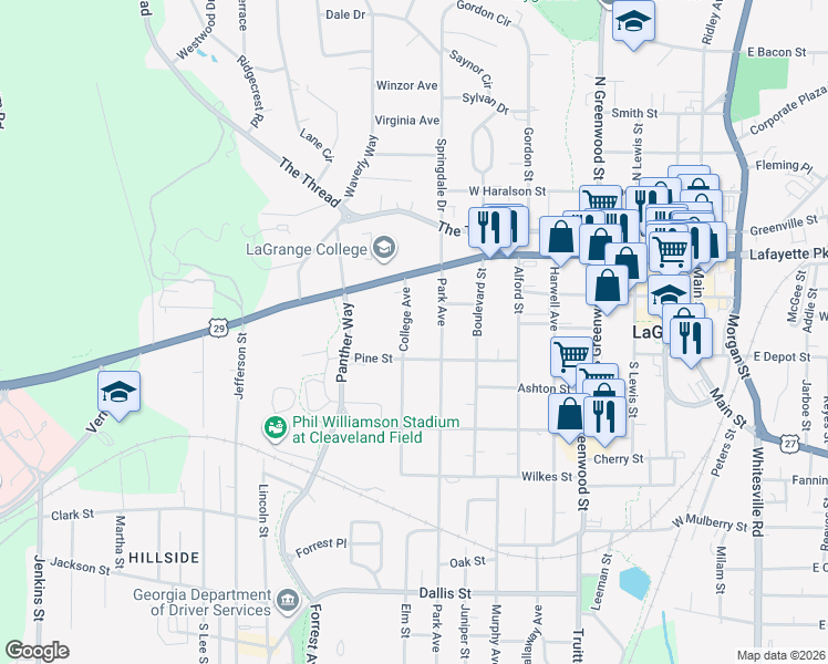 map of restaurants, bars, coffee shops, grocery stores, and more near 117 College Avenue in LaGrange