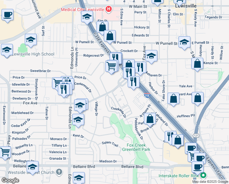 map of restaurants, bars, coffee shops, grocery stores, and more near 696 Fox Avenue in Lewisville