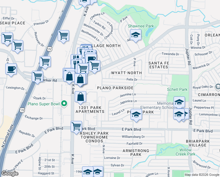 map of restaurants, bars, coffee shops, grocery stores, and more near 1440 Camelia Drive in Plano
