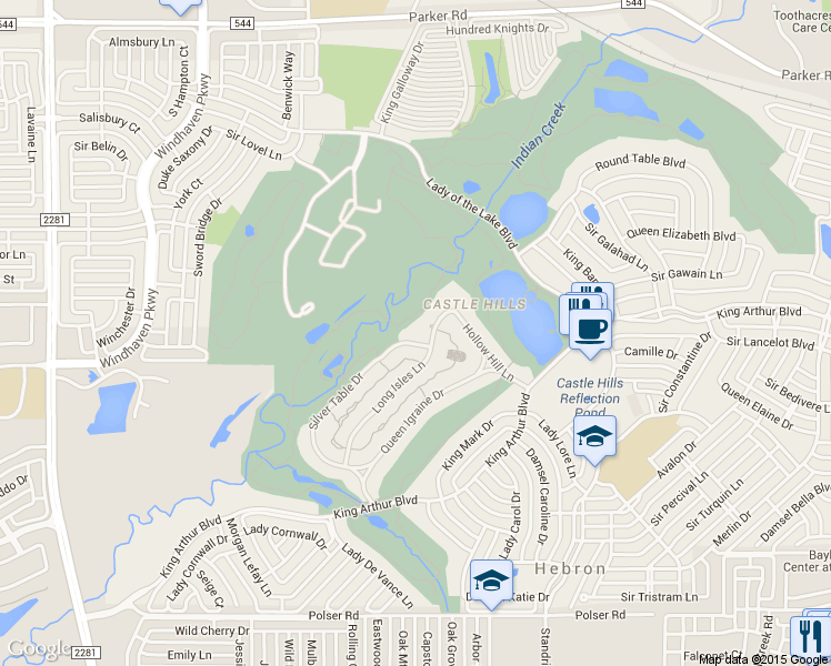 map of restaurants, bars, coffee shops, grocery stores, and more near 2509 Silver Table Drive in Lewisville