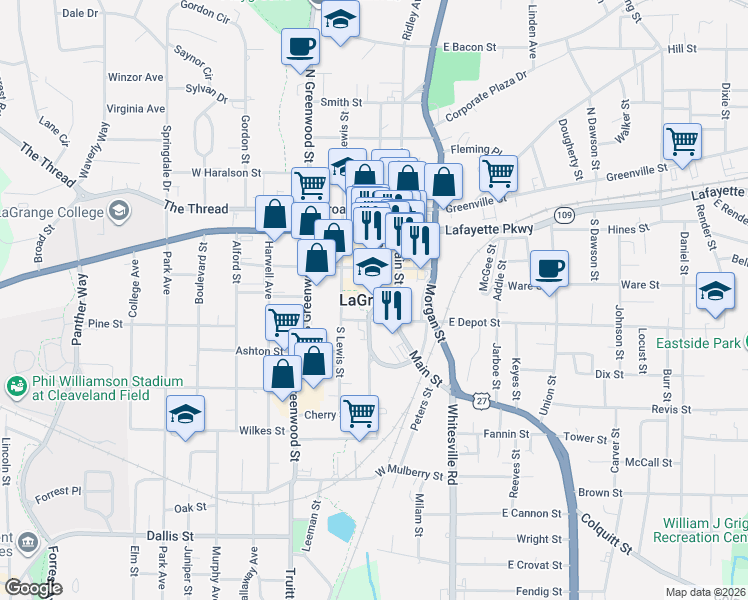 map of restaurants, bars, coffee shops, grocery stores, and more near  in LaGrange