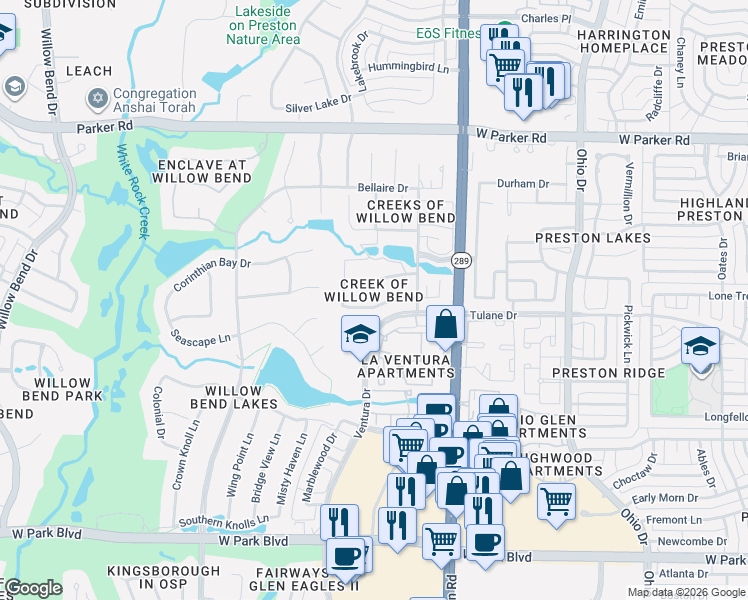 map of restaurants, bars, coffee shops, grocery stores, and more near 5055 Castle Creek Lane in Plano