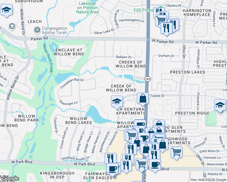 map of restaurants, bars, coffee shops, grocery stores, and more near 5069 Castle Creek Lane in Plano