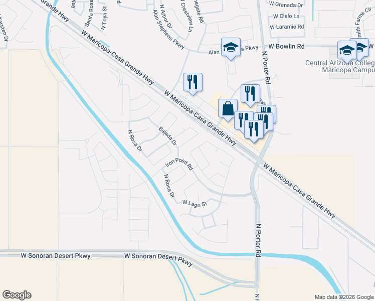 map of restaurants, bars, coffee shops, grocery stores, and more near 17264 North Rosemont Street in Maricopa