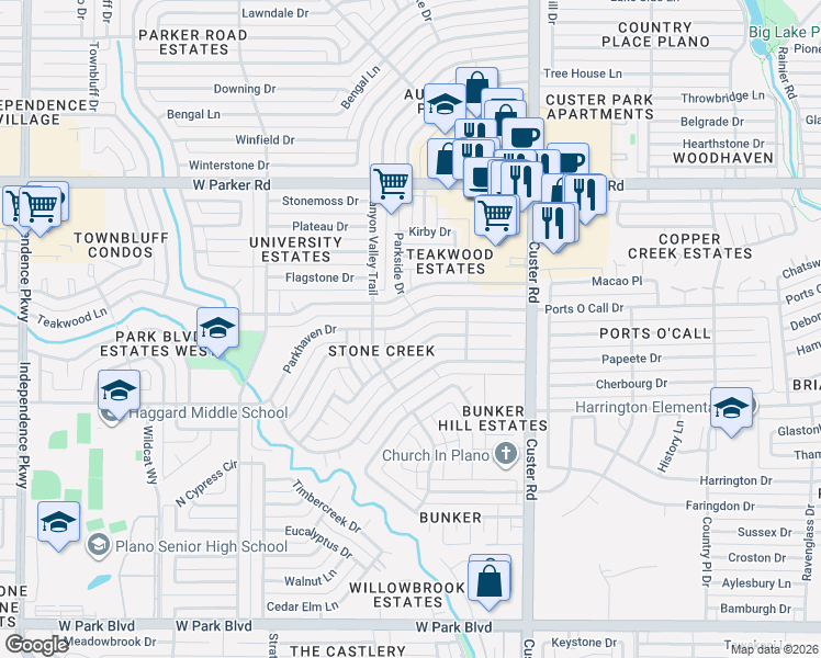 map of restaurants, bars, coffee shops, grocery stores, and more near 2223 Heather Hill Lane in Plano