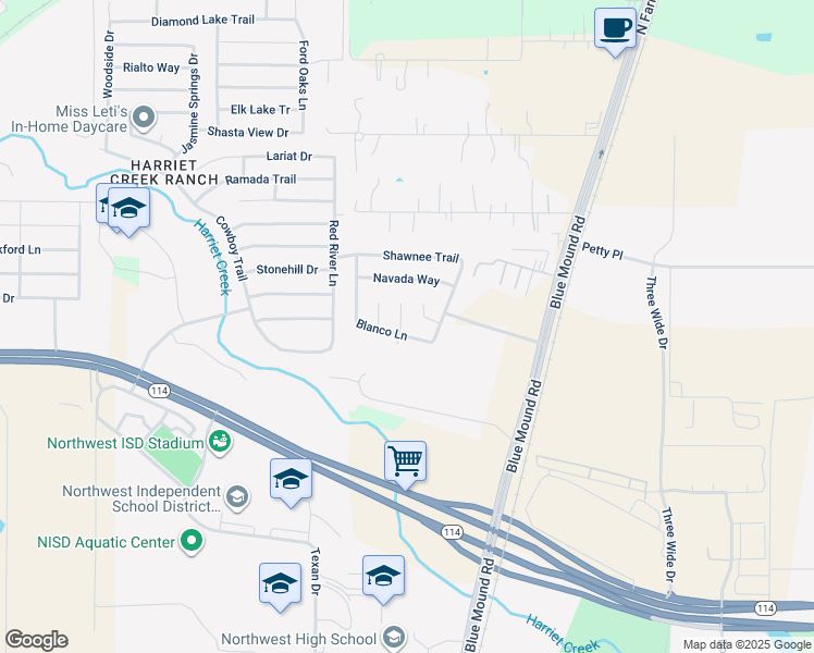 map of restaurants, bars, coffee shops, grocery stores, and more near 16104 Hollyhill Court in Justin