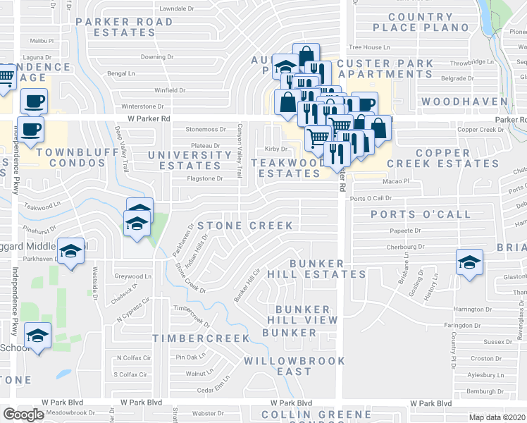 map of restaurants, bars, coffee shops, grocery stores, and more near 2232 Parkhaven Drive in Plano
