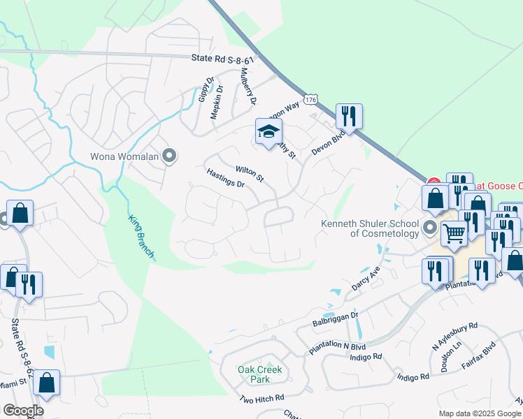 map of restaurants, bars, coffee shops, grocery stores, and more near 109 Ashton Drive in Goose Creek