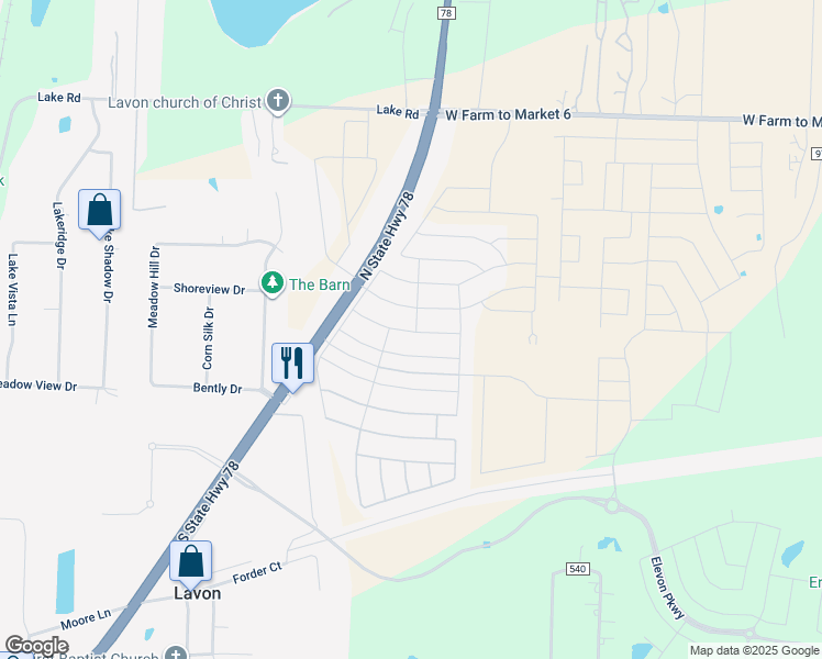 map of restaurants, bars, coffee shops, grocery stores, and more near 226 Brookview Drive in Lavon