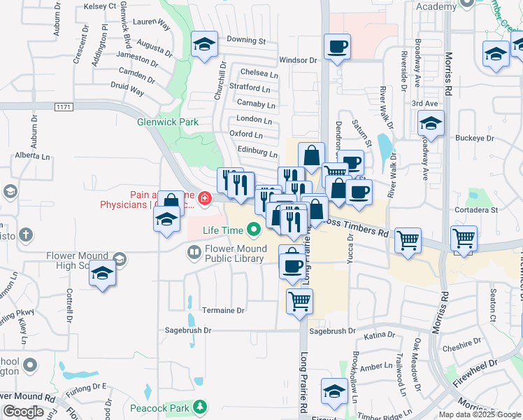 map of restaurants, bars, coffee shops, grocery stores, and more near 2851 Cross Timbers Road in Flower Mound