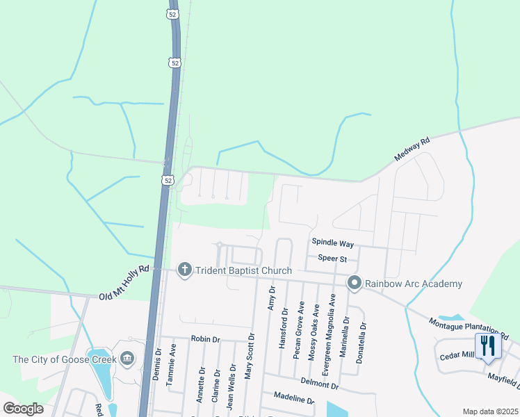 map of restaurants, bars, coffee shops, grocery stores, and more near 409A Brawley Drive in Goose Creek
