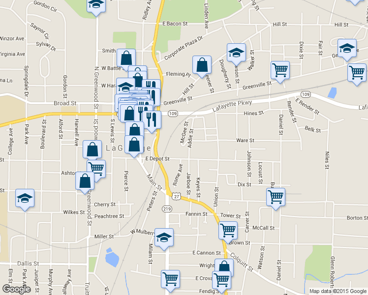 map of restaurants, bars, coffee shops, grocery stores, and more near 124 McGee Street in LaGrange
