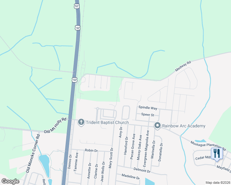map of restaurants, bars, coffee shops, grocery stores, and more near 409A Brawley Drive in Goose Creek