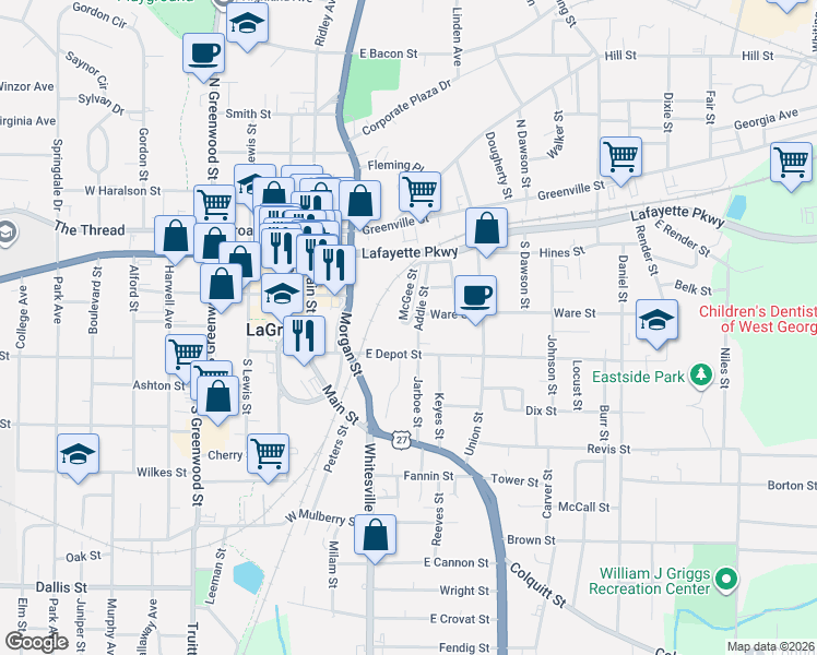 map of restaurants, bars, coffee shops, grocery stores, and more near 124 McGee Street in LaGrange