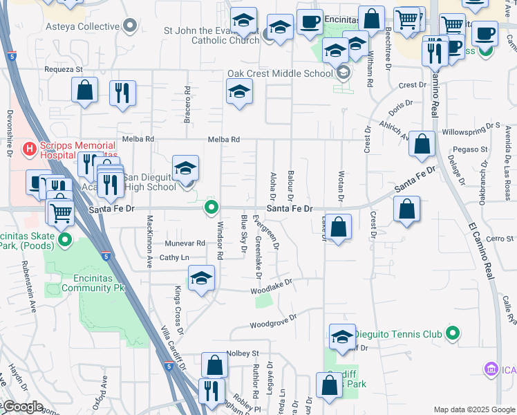 map of restaurants, bars, coffee shops, grocery stores, and more near 1229 Caminito Septimo in Encinitas