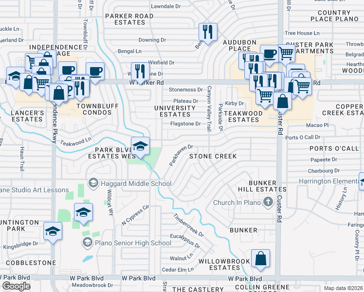 map of restaurants, bars, coffee shops, grocery stores, and more near 2525 Parkhaven Drive in Plano
