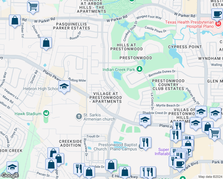 map of restaurants, bars, coffee shops, grocery stores, and more near 304 Marsh Lane in Plano