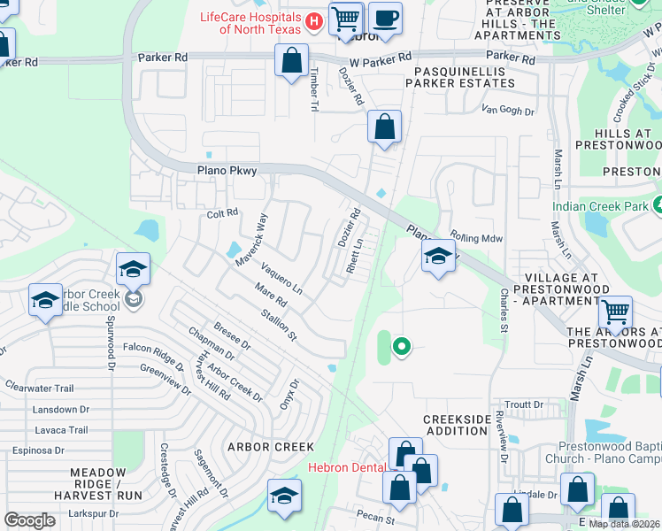 map of restaurants, bars, coffee shops, grocery stores, and more near 4661 Dozier Road in Carrollton