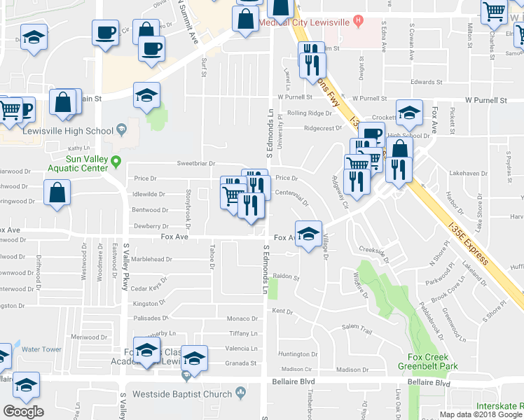 map of restaurants, bars, coffee shops, grocery stores, and more near 333 Lewisville Plaza in Lewisville