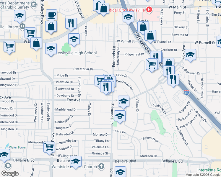 map of restaurants, bars, coffee shops, grocery stores, and more near 345 Lewisville Plaza in Lewisville