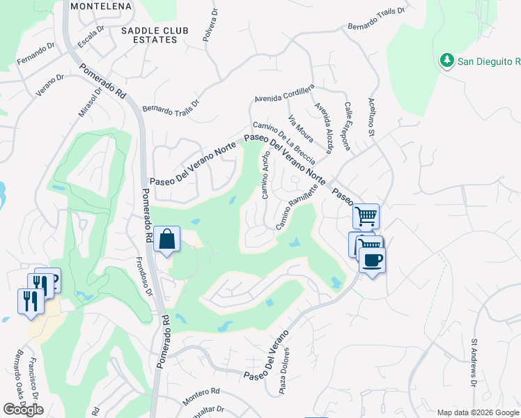 map of restaurants, bars, coffee shops, grocery stores, and more near 17604 Camino Ancho in San Diego