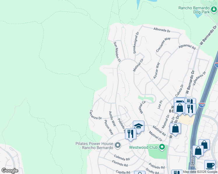 map of restaurants, bars, coffee shops, grocery stores, and more near 17851 Sun Walk Court in San Diego
