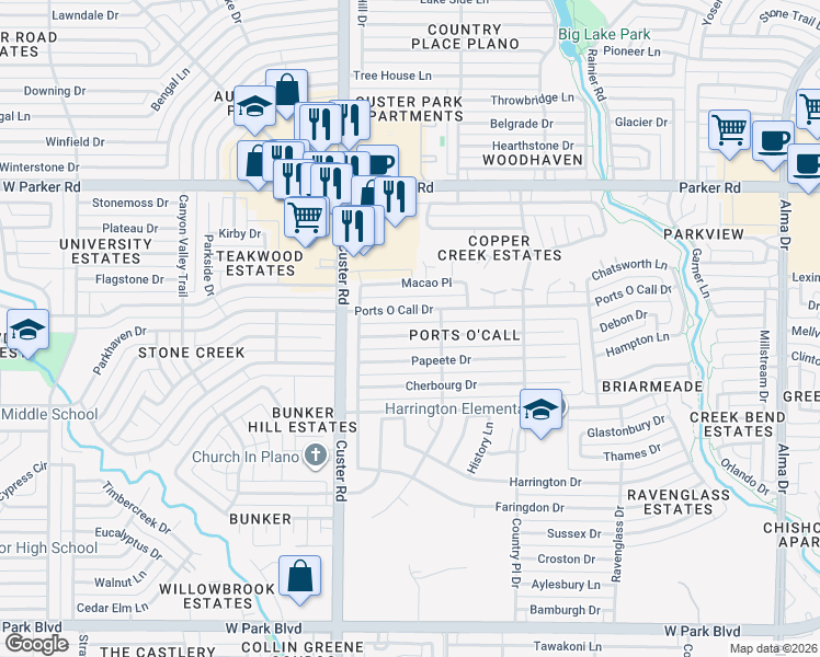 map of restaurants, bars, coffee shops, grocery stores, and more near 1912 Tampico Drive in Plano