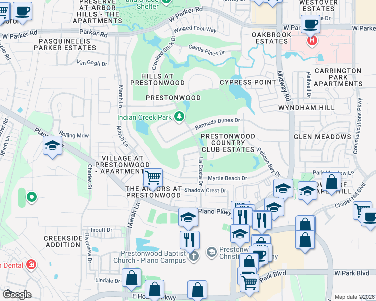 map of restaurants, bars, coffee shops, grocery stores, and more near 6724 Pebble Beach Drive in Plano