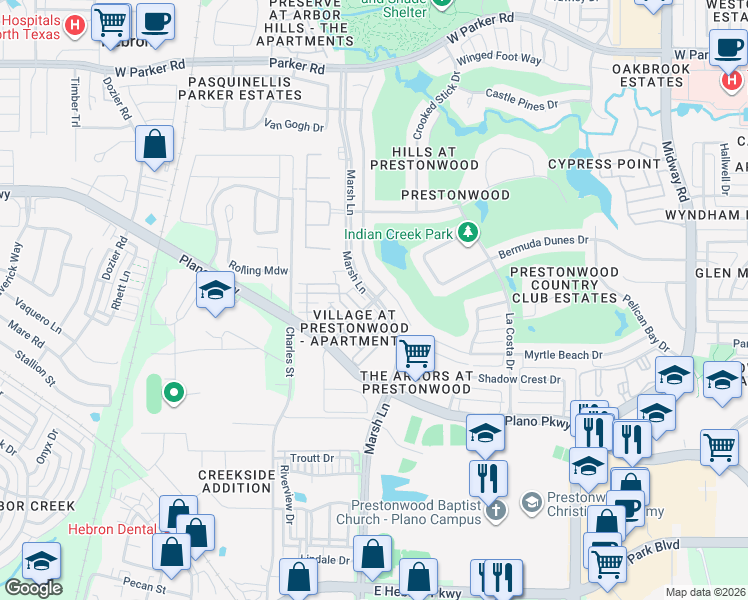 map of restaurants, bars, coffee shops, grocery stores, and more near 2601 Marsh Lane in Plano