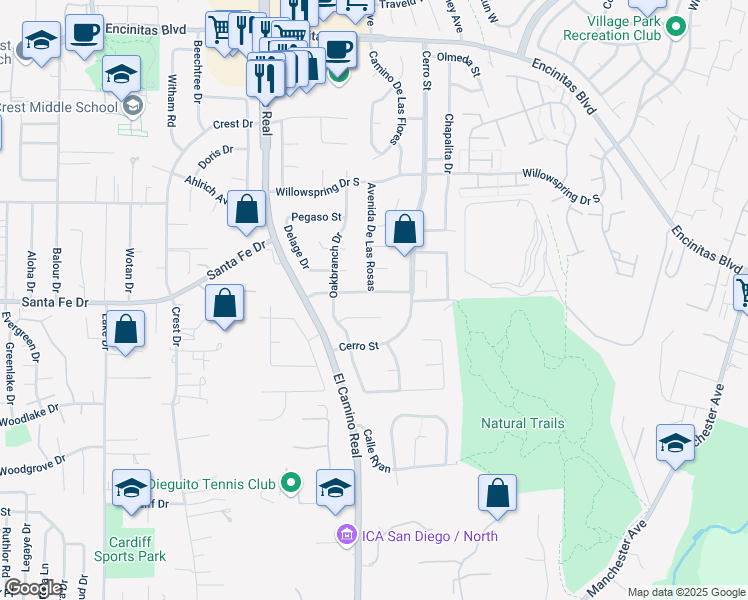 map of restaurants, bars, coffee shops, grocery stores, and more near 1501 Avenida De Las Adelsas in Encinitas