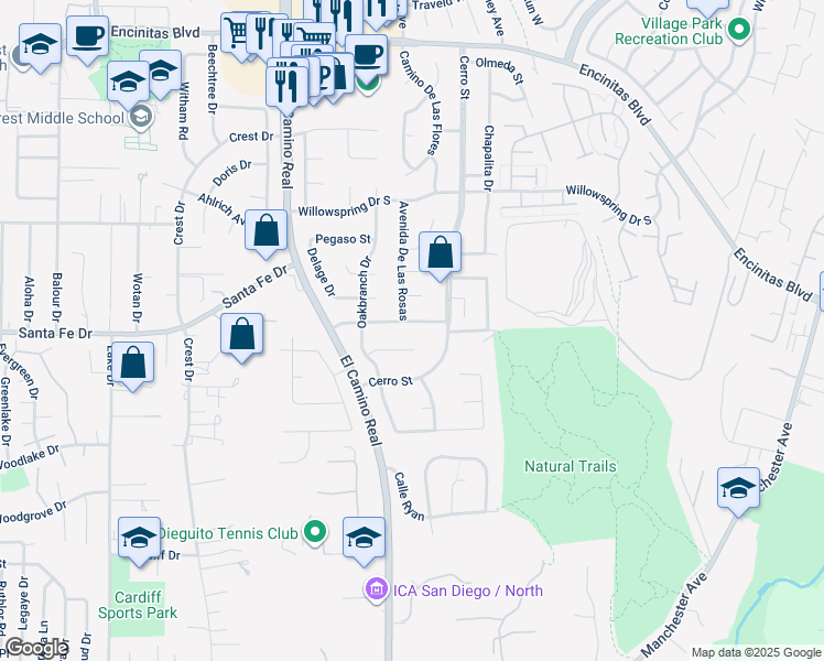 map of restaurants, bars, coffee shops, grocery stores, and more near 1509 Avenida De Las Adelsas in Encinitas