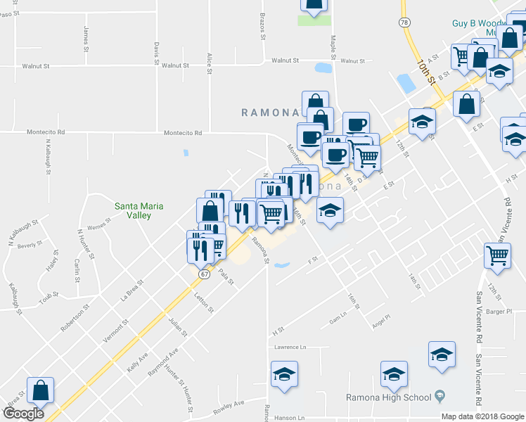 map of restaurants, bars, coffee shops, grocery stores, and more near 1703 Main Street in Ramona
