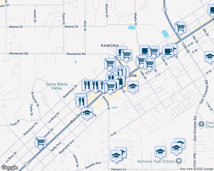 map of restaurants, bars, coffee shops, grocery stores, and more near in Ramona