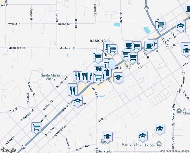 map of restaurants, bars, coffee shops, grocery stores, and more near 1703 Main Street in Ramona