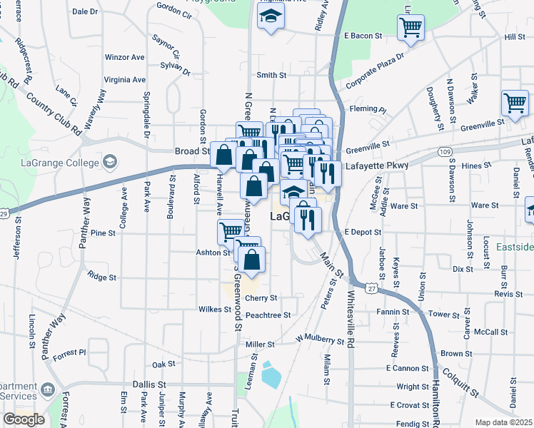 map of restaurants, bars, coffee shops, grocery stores, and more near 311 South Lewis Street in LaGrange