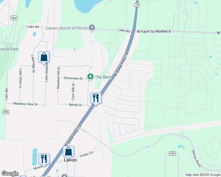 map of restaurants, bars, coffee shops, grocery stores, and more near 104 Braves Way in Lavon