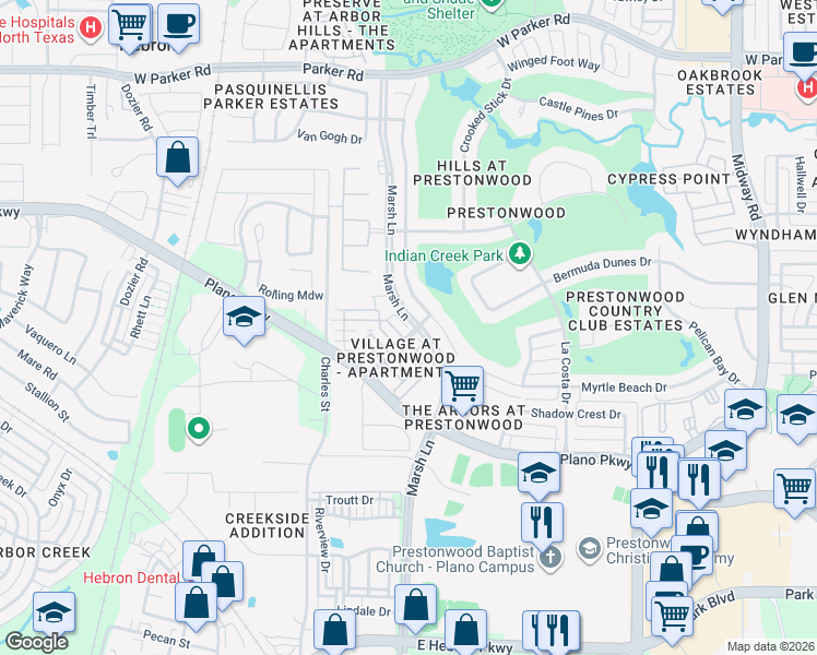 map of restaurants, bars, coffee shops, grocery stores, and more near 304 Marsh Lane in Plano