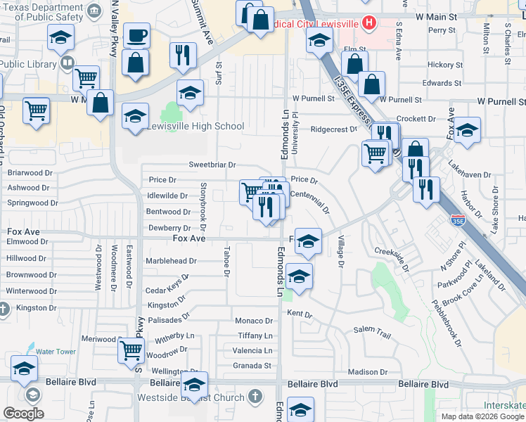 map of restaurants, bars, coffee shops, grocery stores, and more near 1705 Lewisville Plaza in Lewisville