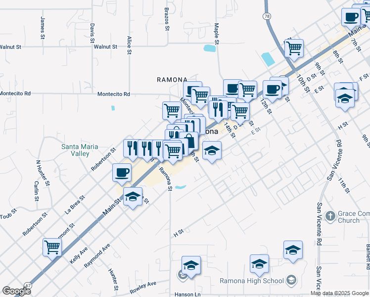 map of restaurants, bars, coffee shops, grocery stores, and more near 1650 Main Street in Ramona