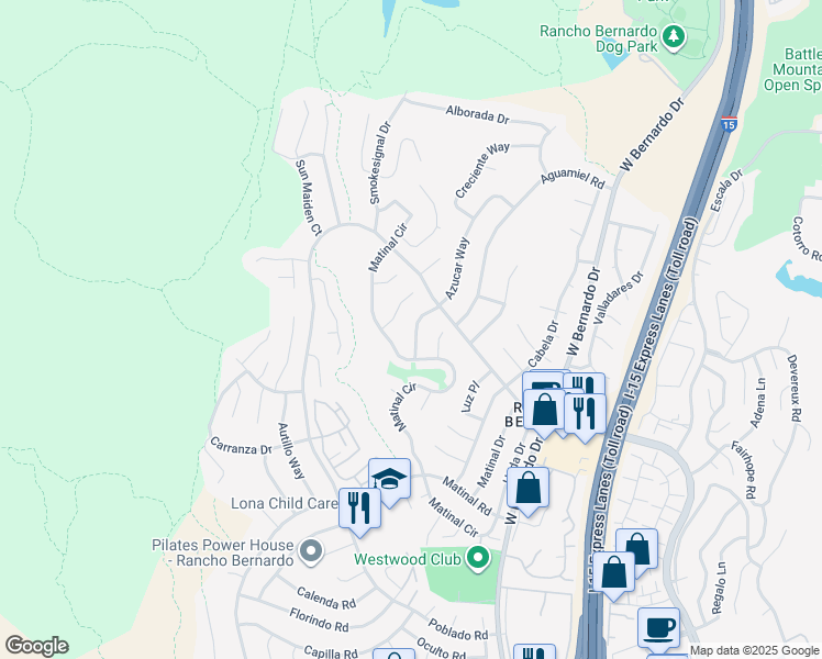 map of restaurants, bars, coffee shops, grocery stores, and more near 17648 Azucar Way in San Diego