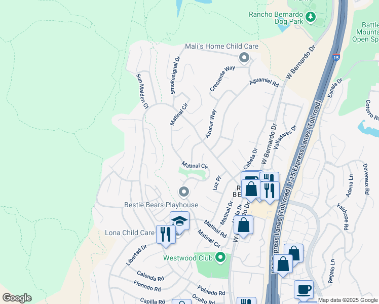 map of restaurants, bars, coffee shops, grocery stores, and more near 17648 Azucar Way in San Diego