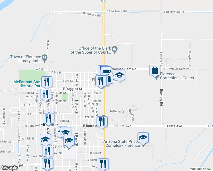 map of restaurants, bars, coffee shops, grocery stores, and more near 495 North Pinal Parkway in Florence