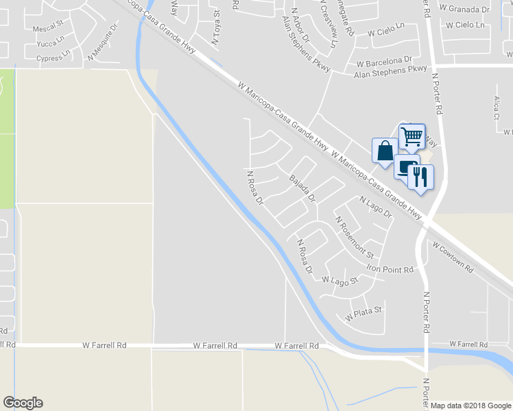 map of restaurants, bars, coffee shops, grocery stores, and more near 17316 North Rosa Drive in Maricopa