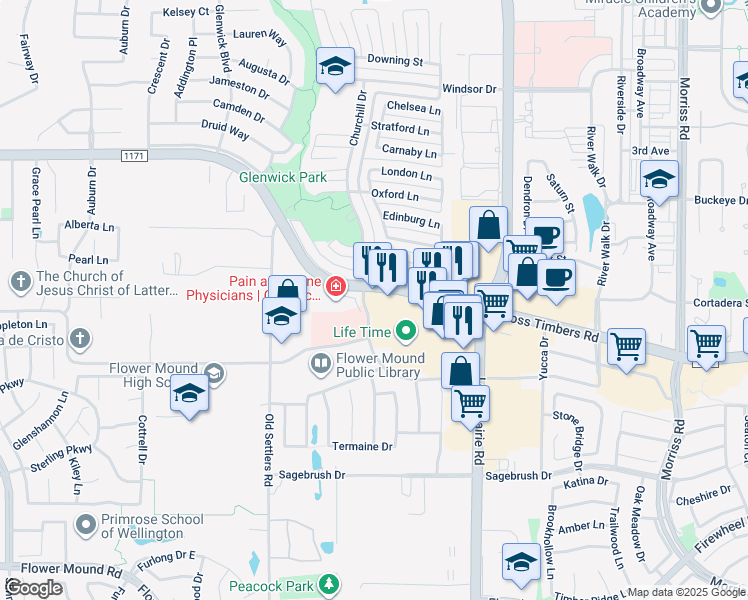 map of restaurants, bars, coffee shops, grocery stores, and more near 2925 Cross Timbers Road in Flower Mound